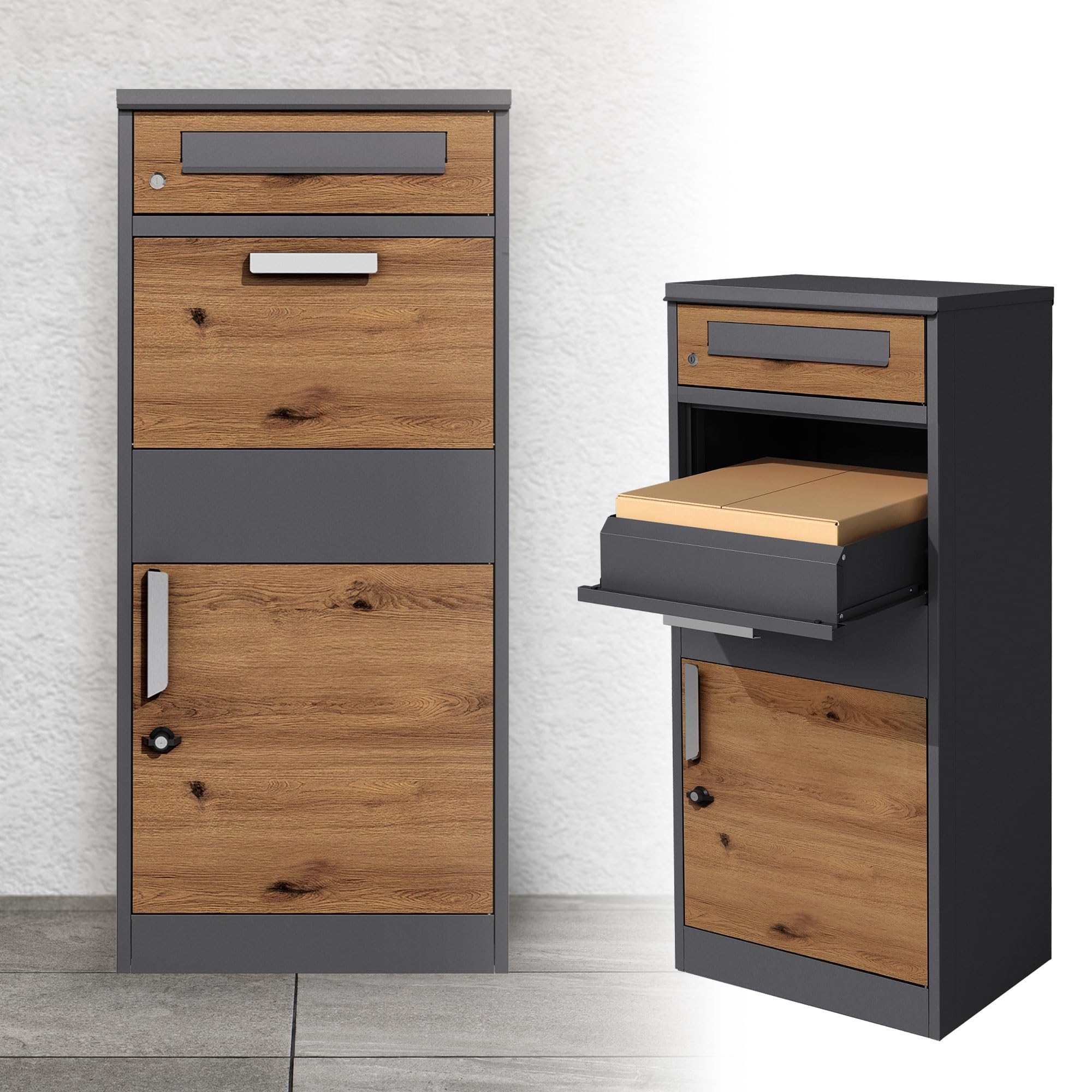 ML-Design Cassetta Postale per Pacchi da Esterno e Scomparto per Lettere 50x37x112 cm Serratura a 2 Chiavi in Acciaio Zincato Verniciato a Polvere Antracite Aspetto Rovere Resistente alle Intemperie