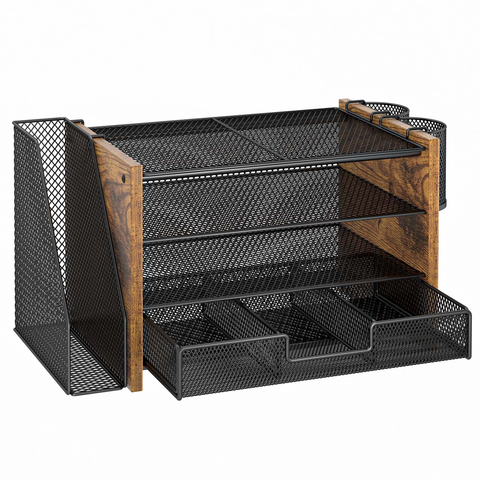 Schreibtisch-Organizer und Zubehör aus Holz mit Aktenhalter, 4-stöckiger Papierordner mit Schublade und 2 Stifthaltern, Büro-Schreibtisch-Zubehör, Schreibtisch-Organizer und Aufbewahrung für