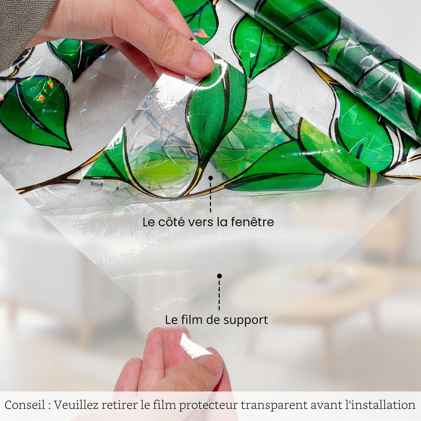 Film Fenêtre avec Effet Arc-en-Ciel, Feuilles Vertes, 90 x 400 cm | 3D Film Intimité Vitre Anti Regard Anti UV Adhérence Statique Sans Colle, Décoratif pour Salon Cuisine Bureau