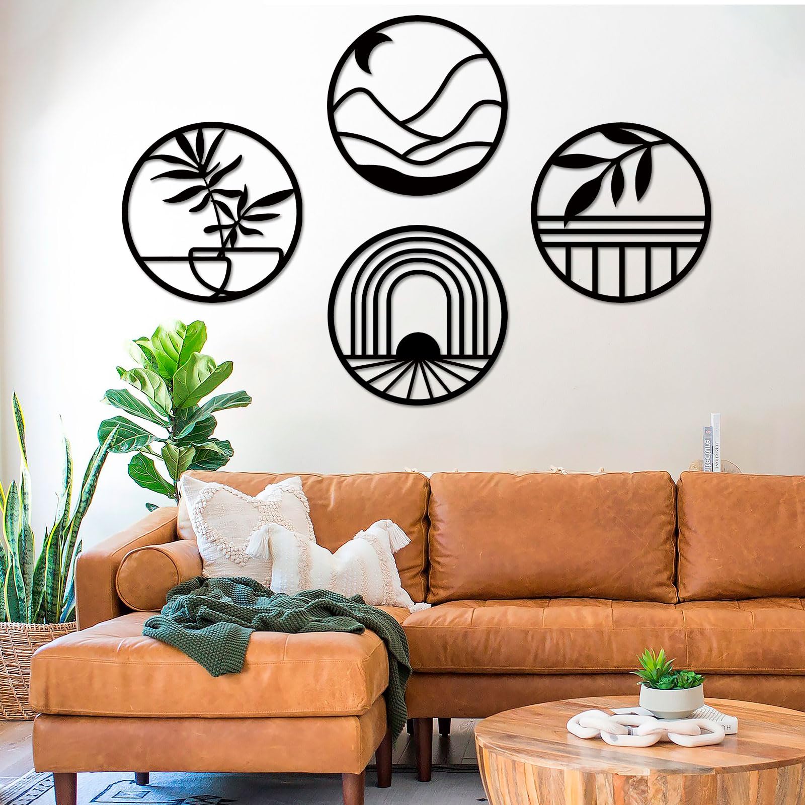 4 Pack Black Boho Metal Wall Art, Minimalist Decor Single Line Art Wall Décor, 3D Textured Metal Wall Sculptures, for Living Room Bedroom Bathroom Study Room (Black)