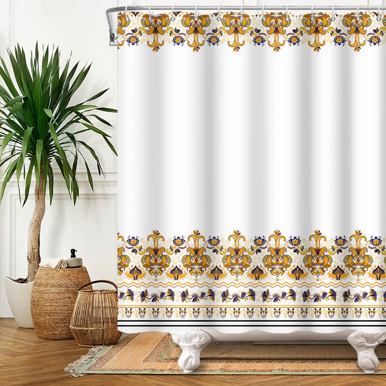SDOTPMT 48x72inch Boho Ethnic Floral Pattern Shower Curtain Moroccan Flower Pattern Bohemian Style Bath Curtain Folk Minimalist White Bathtub Curtain for Bathroom Fabric Polyester with Hooks