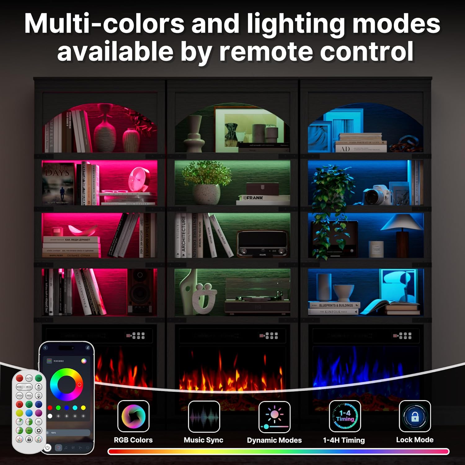 70” Arched Bookcase with 23" Electric Fireplace & LED Lights, 4-Tier Tall Bookshelf Open Storage, Modern Storage Organizer Display Cabinet for Living Room, Office, Home, Black