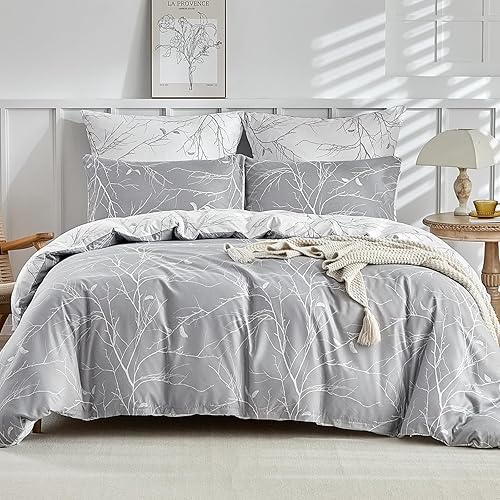 Miniatura 2 de Lekesky - Funda de edredón reversible tamaño Queen, gris y blanco con ramas, funda de edredón Queen de 3 piezas, 100% microfibra, juego de ropa de