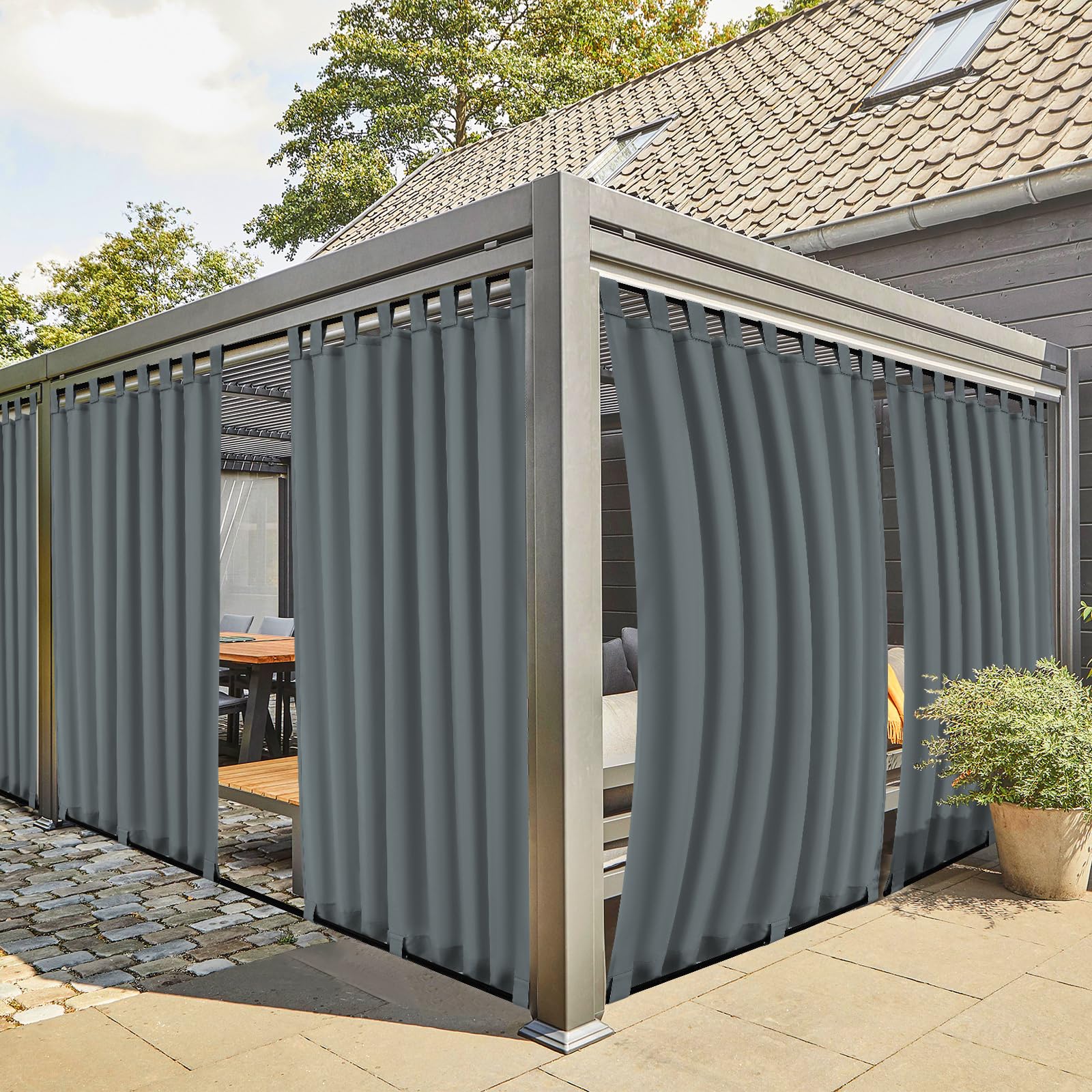 2 Stücke Outdoor Vorhang Wetterfest mit Klett-Schlaufen, Outdoorvorhänge Balkon Vorhang Terrasse Vorhänge Gardinen Sonnenschutz & Sichtschutz Vorhänge mit Schlaufen Unten, H260 x B155 cm, Dunkelgrau
