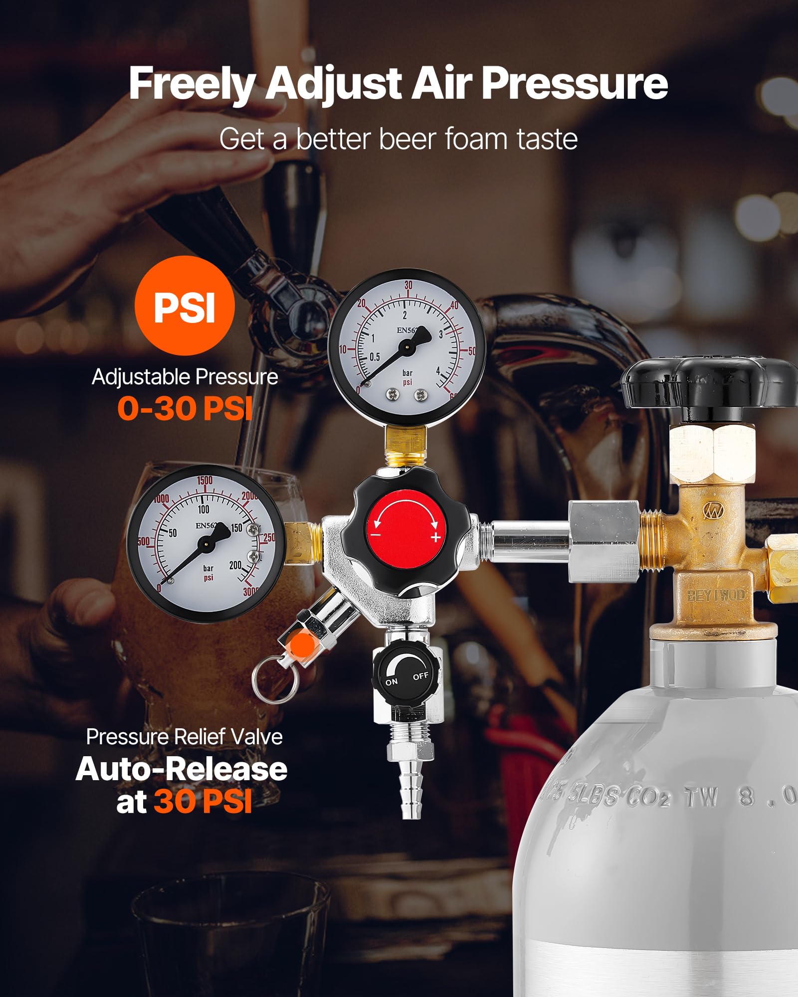 VEVOR Regolatore di CO2, Regolatore di Spillatura per Birra alla Spina con Doppio Manometro e Valvola Singola, Pressione Regolabile 0-60 psi, Compatibile con Raccordo W21.8, per Birra alla Spina