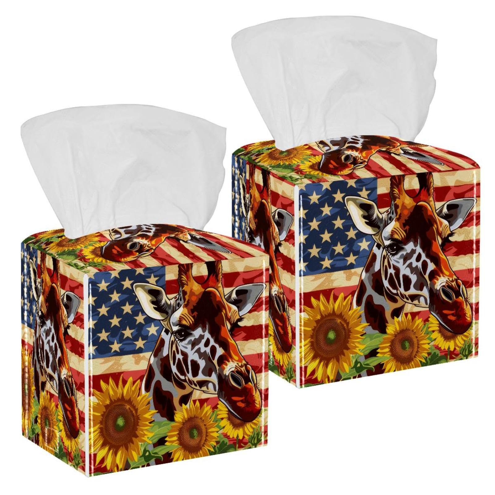American Giraffe Tissue Box Cover, 2 Pack PU Leather Square Facial Tissue Dispenser Box holder for Home Office Car