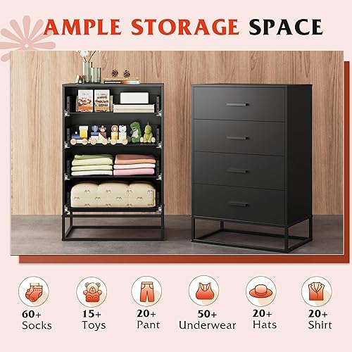 Miniatura 4 de WLIVE Black Dresser for Bedroom with 4 Drawers, Tall Wood Dresser with Sturdy Metal Frame, Wooden Chest of Drawers for Hallway, Living Room, Closet