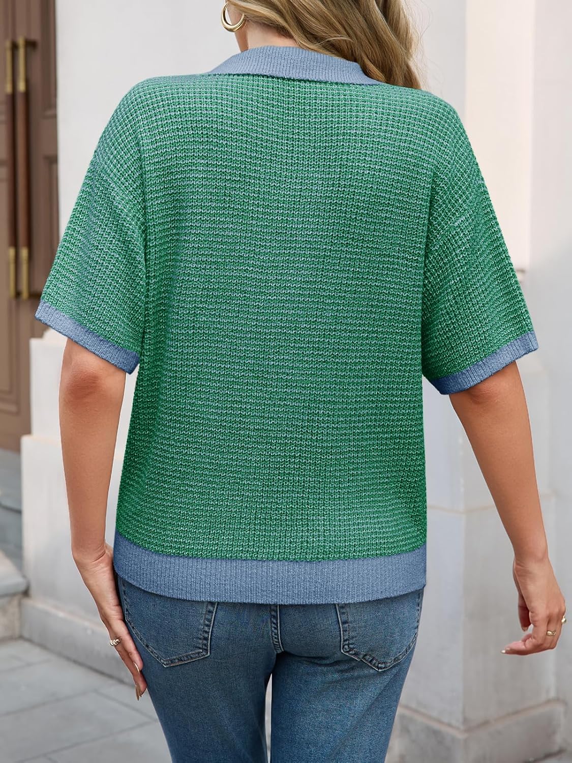 Cicy Bell Womens Striped Cropped Sweaters Tops Color Block Short Sleeve Knit V Neck Fall Casual Pullover - Image 4