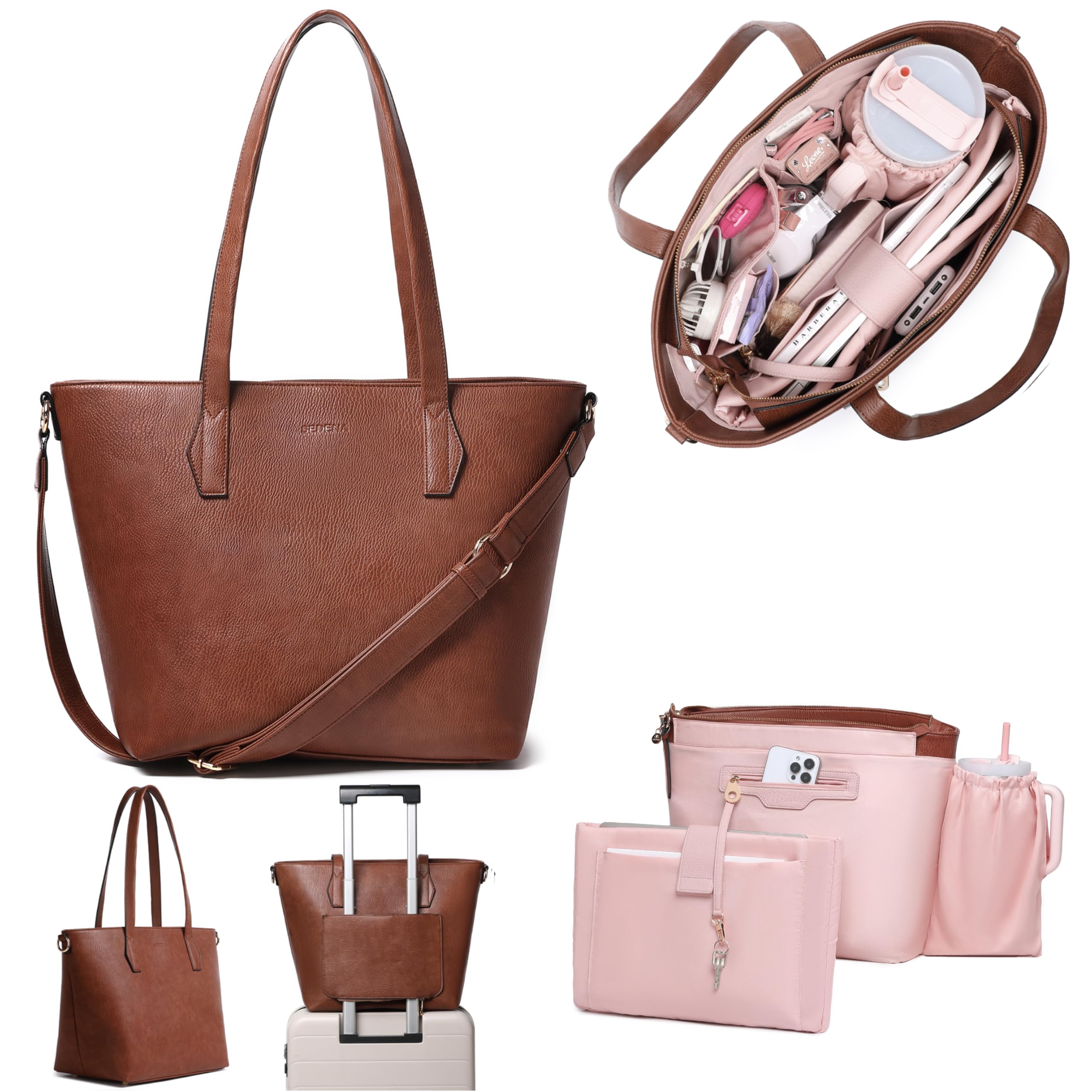 Women’s 16” Laptop Tote Bag, Vegan Leather Work Bag with Cupholder, RFID and Trolley Sleeve