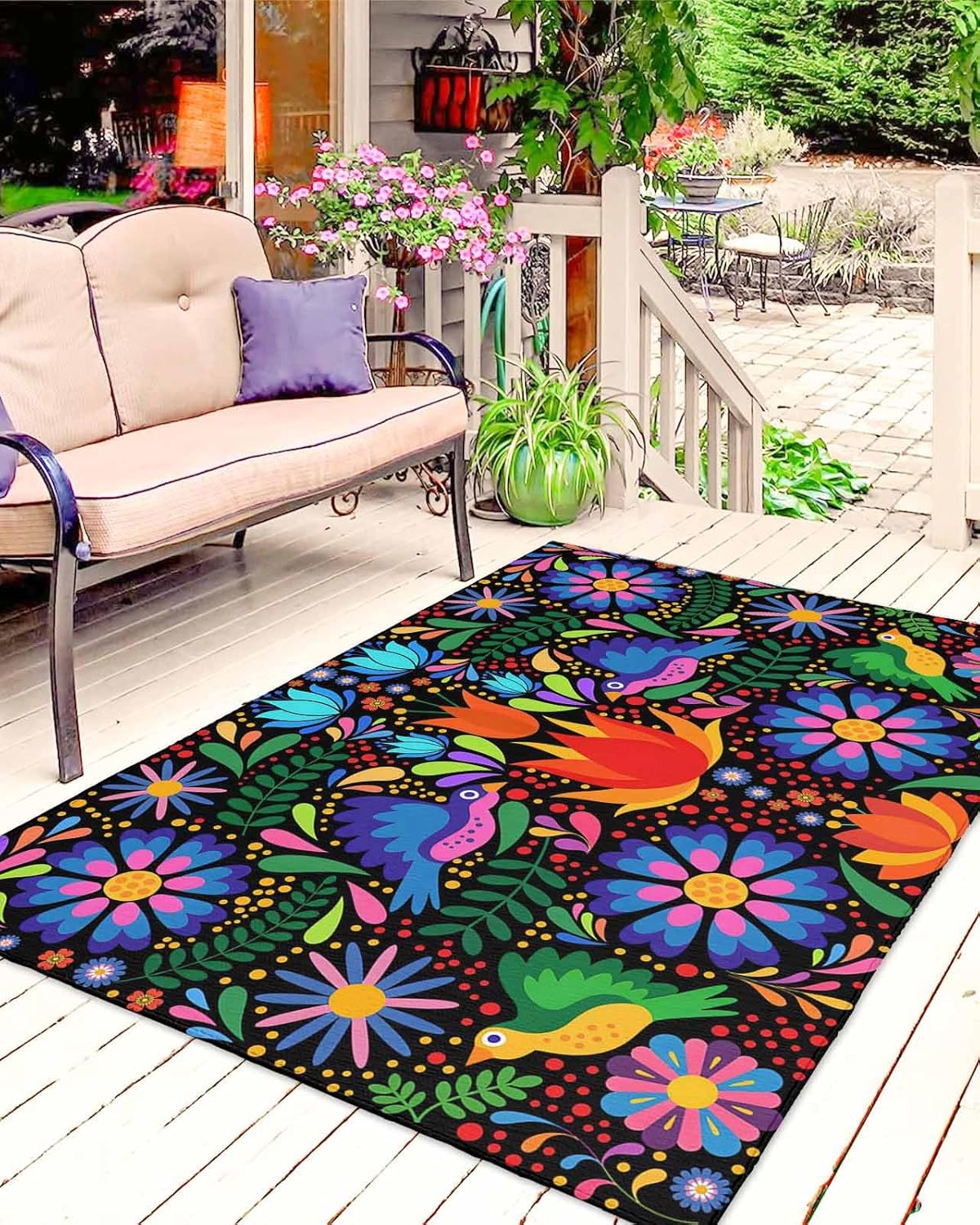 Outdoor Rug 4x6 ft Multi Color Mexican Floral Outdoor Large Area Rug Non Slip Rubber Rustic Assorted Front Door Mat RV Rug Camping Carpet Patio Outdoor Rugs for Backyard Balcony Deck Porch Indoor