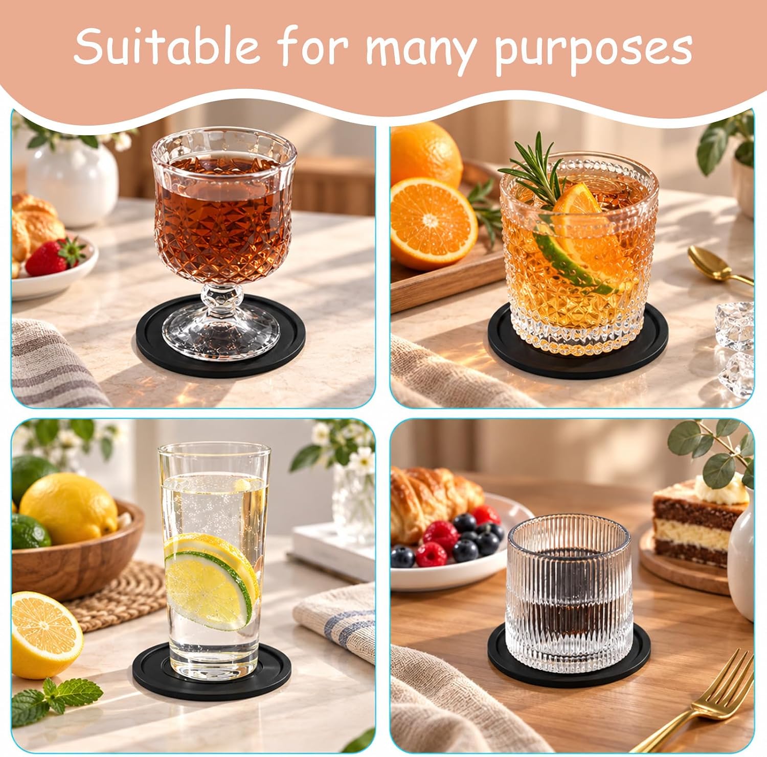 cobee Black Coasters Set of 4, Round Silicone Coasters with Grooved