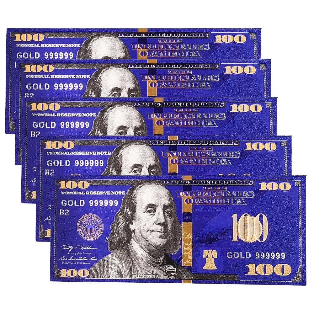 YIQILAFADA 5pc 100 Dollar Bills, Gold Foil 100 USD Money Banknotes Crafts for Decor
