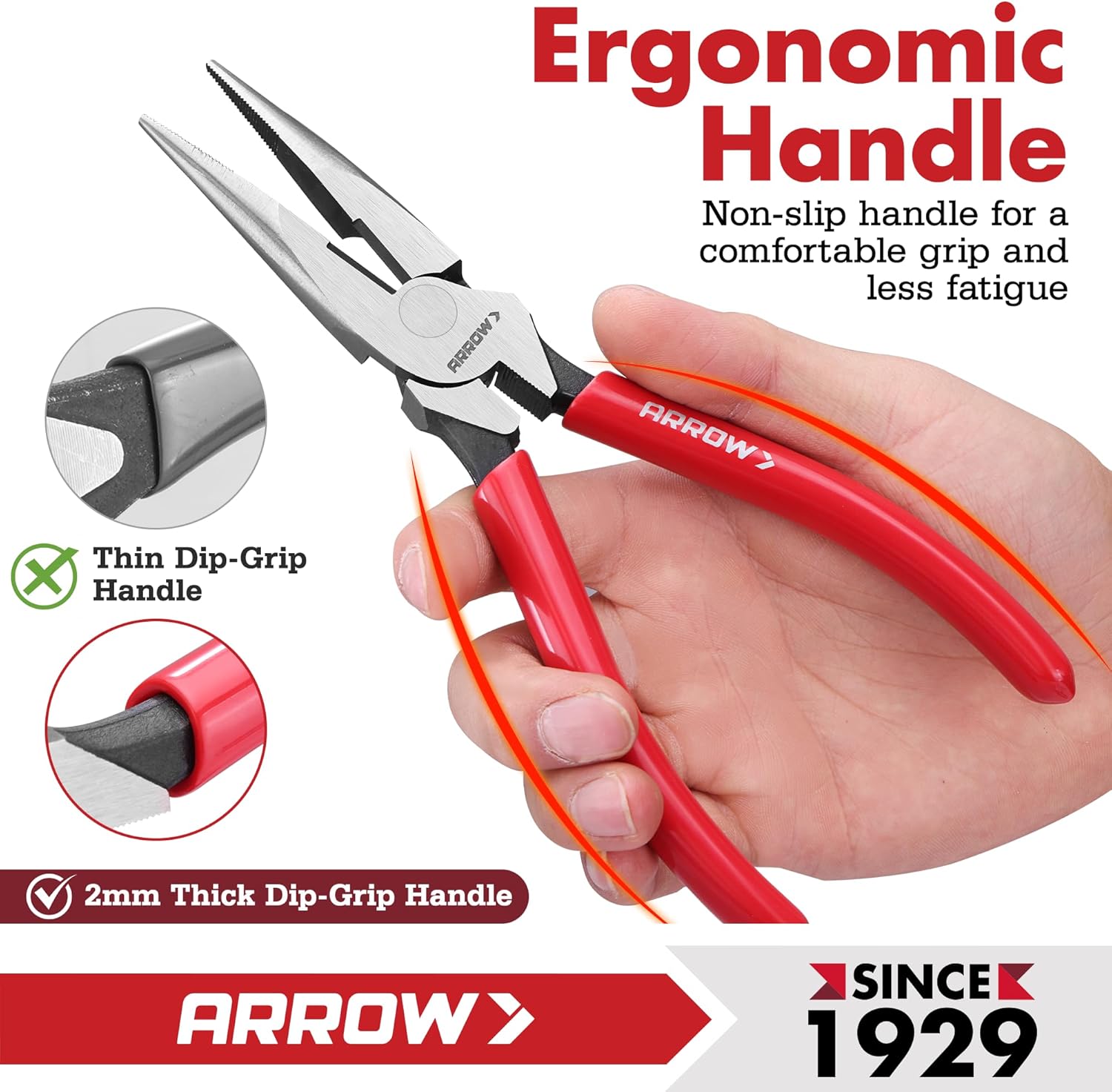 ARROW 8" High Leverage Needle Nose Pliers with Side Cutters, Long Nose Pliers for Gripping, Wire Bending, Cutting (Pack of 2)