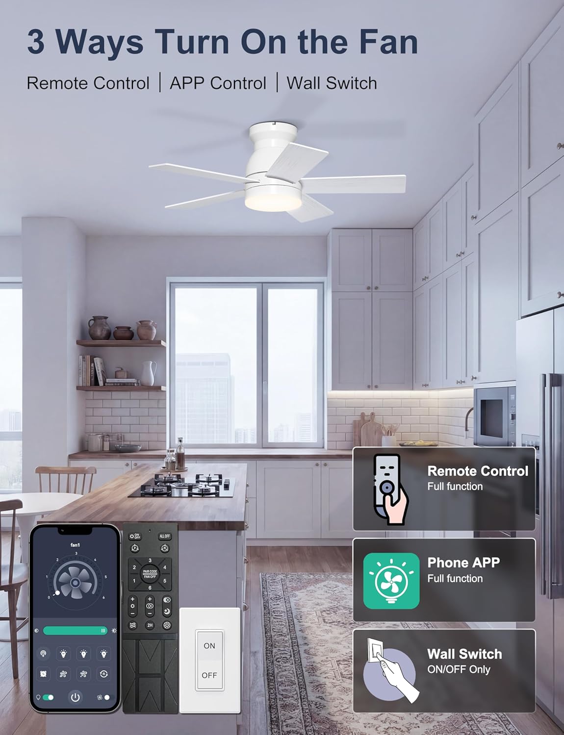 32'' Small Ceiling Fan with Light, Mini Low Profile Flush Mount Fan for Hallway & Closet, Quiet DC Motor, Modern Tiny Space Ceiling Fan with App/Remote Control, White