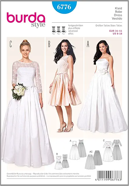 Burda Wedding Dress Sewing Pattern B6776 - Patroon Galajurk for Advanced Sewers