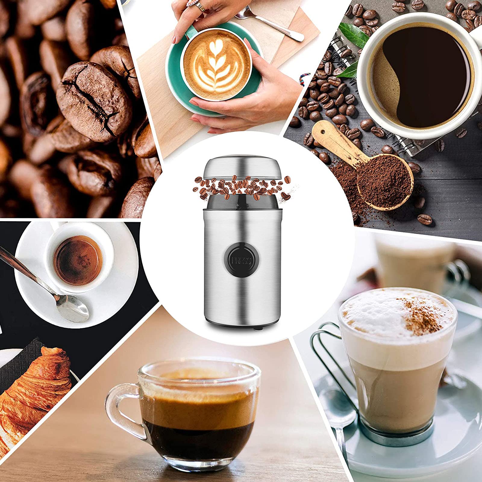Molinillo Eléctrico De Café Y Especias, Acero Inoxidable 304, Capacidad 75 G, Operación Con Un Solo Botón, Portátil, Molinillo, Utilizado Para Granos De Café, Especias, Nueces, Granos (Silver gray)