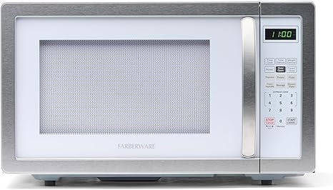 Farberware Countertop Microwave 1000 Watts, 1.1 cu ft - Microwave Oven With LED Lighting and Child Lock - Perfect for Apartments and Dorms - Easy Clean White, Platinum