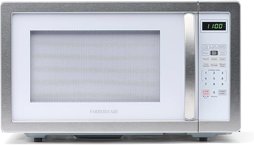 Farberware Countertop Microwave 1000 Watts, 1.1 cu ft - Microwave Oven With LED Lighting and Child Lock - Perfect for Apartments and Dorms - Easy Clean White, Platinum