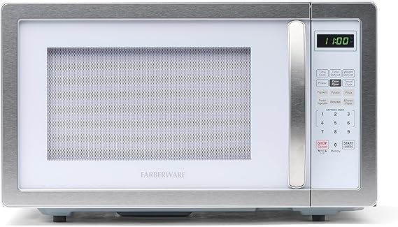 Farberware Countertop Microwave 1000 Watts, 1.1 cu ft - Microwave Oven With LED Lighting and Child Lock - Perfect for Apartments and Dorms - Easy Clean White, Platinum