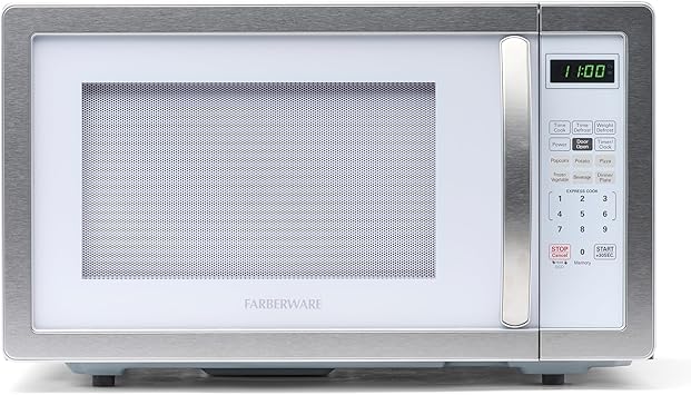 Farberware Countertop Microwave 1000 Watts, 1.1 cu ft - Microwave Oven With LED Lighting and Child Lock - Perfect for Apartments and Dorms - Easy Clean White, Platinum