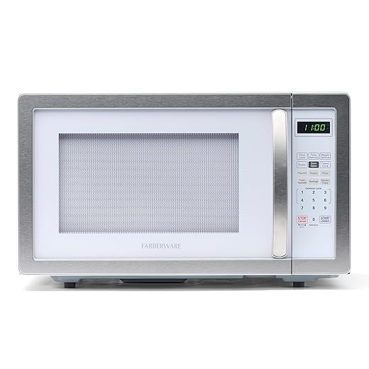 Farberware Countertop Microwave Oven 1000 Watt Power Auto Cook Settings, Defrost, Easy Clean and Child Safety Lock, 1.1 Cu. Ft, White Platinum