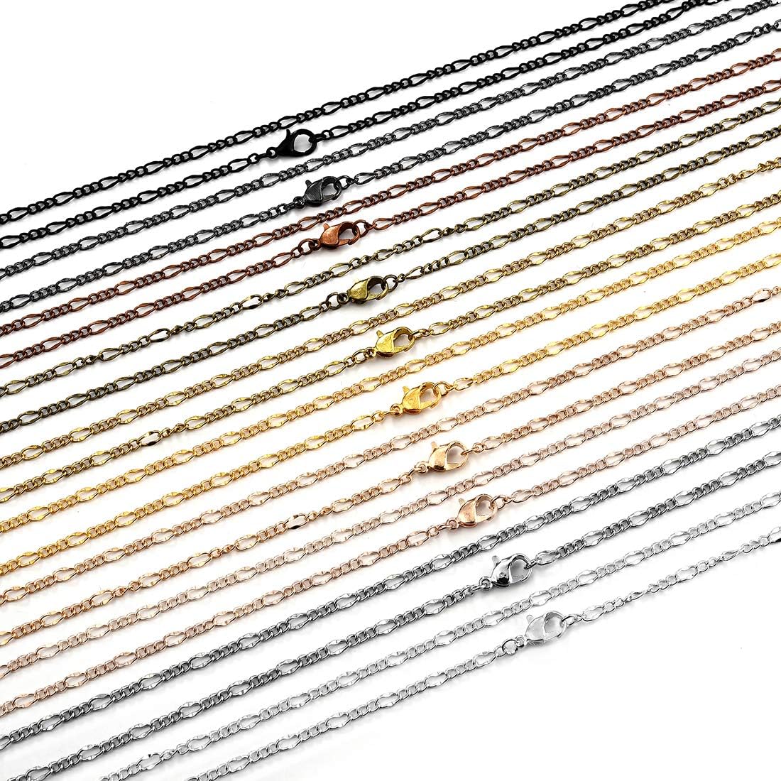 LANBEIDE 40 Packs 10 Colors Brass Necklace Chains Link Cable Chain Necklace and 70 Pieces 7 Colors Pendant Trays Round Bezel Blanks for Jewelry Making