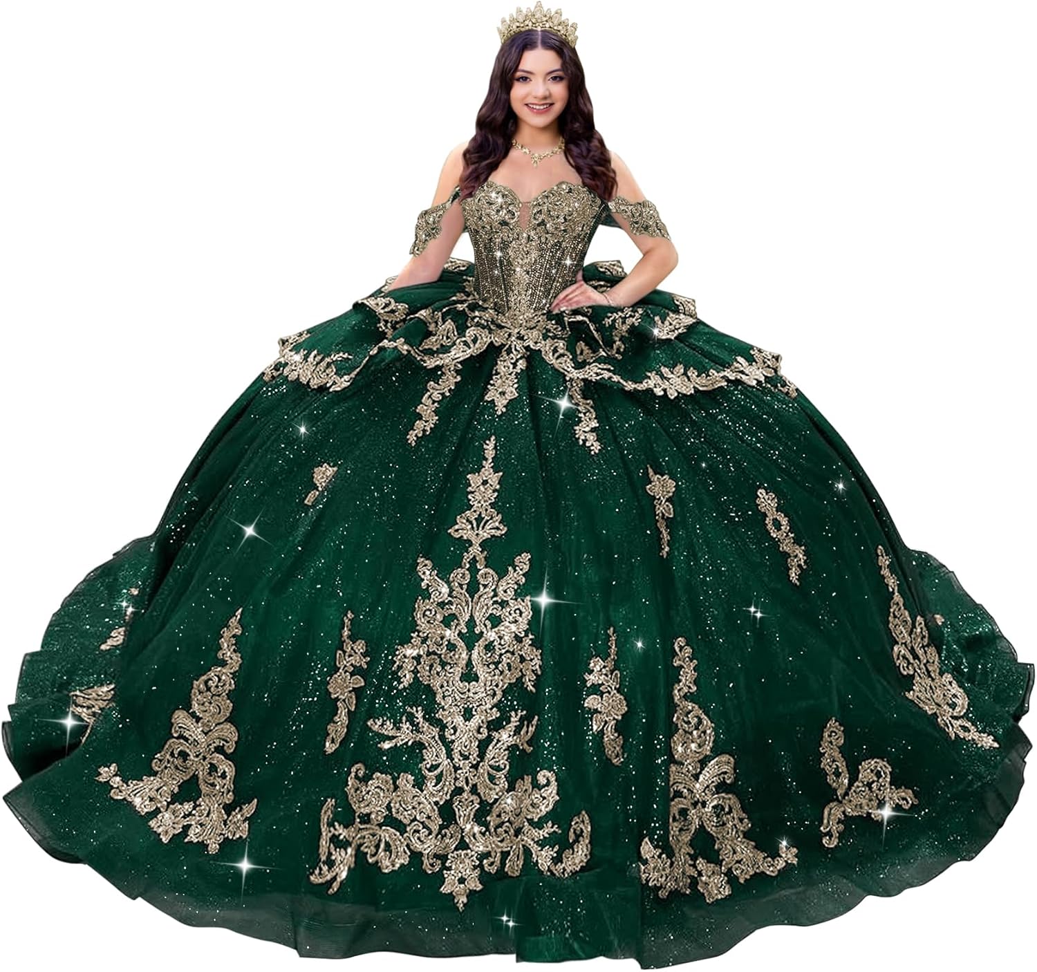 Gold Appliques Quinceanera Dresses Off Shoulder 15 Dress Elegant Tiered Sweet 16 Dress Puffy Tulle Vestido de 15 Años