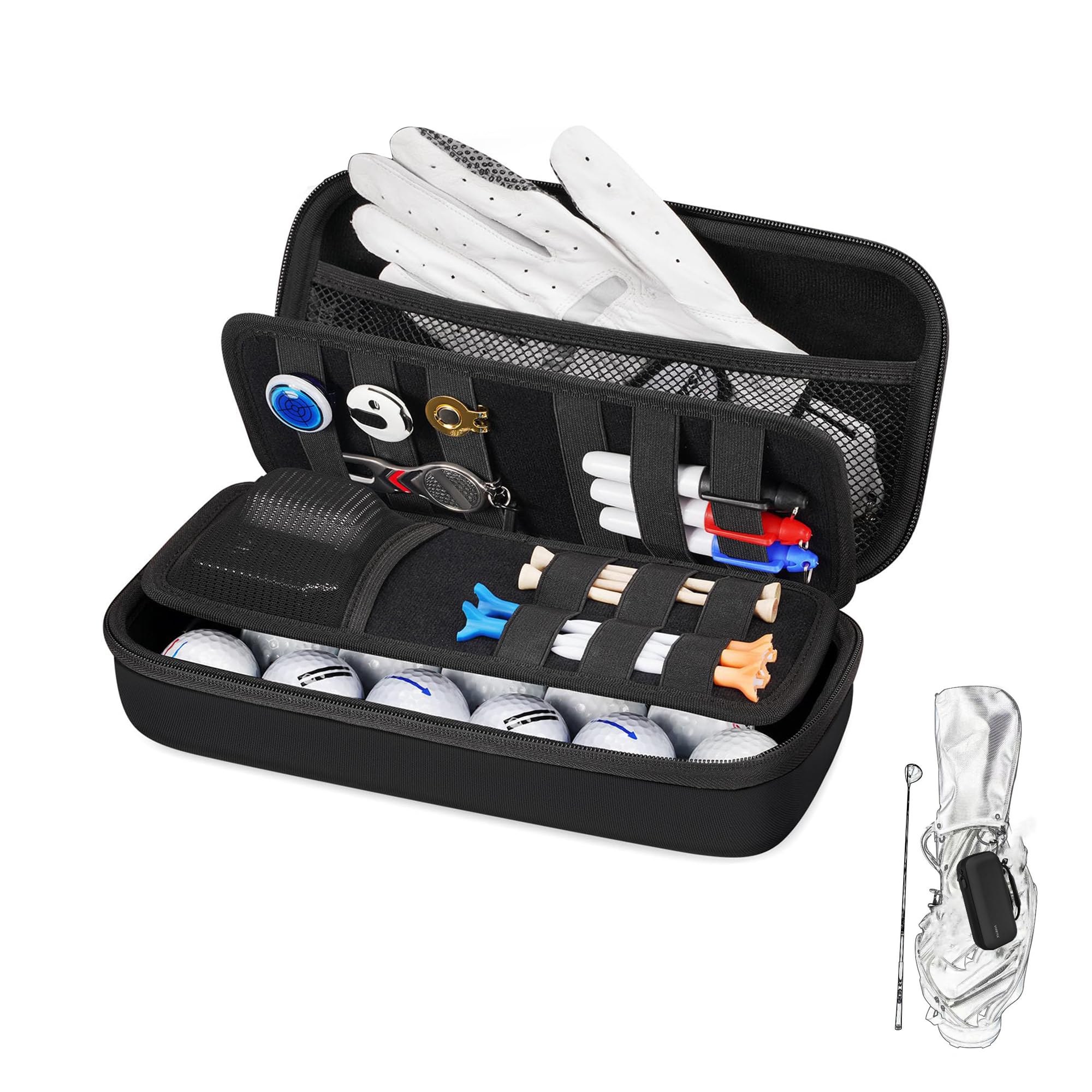 SENIKO Golf Glove Holder with Removable Golf Glove Shaper Water-Resistant Protective Hard Shell golf bag holder for Phone,Tees, Ball Markers,Repair