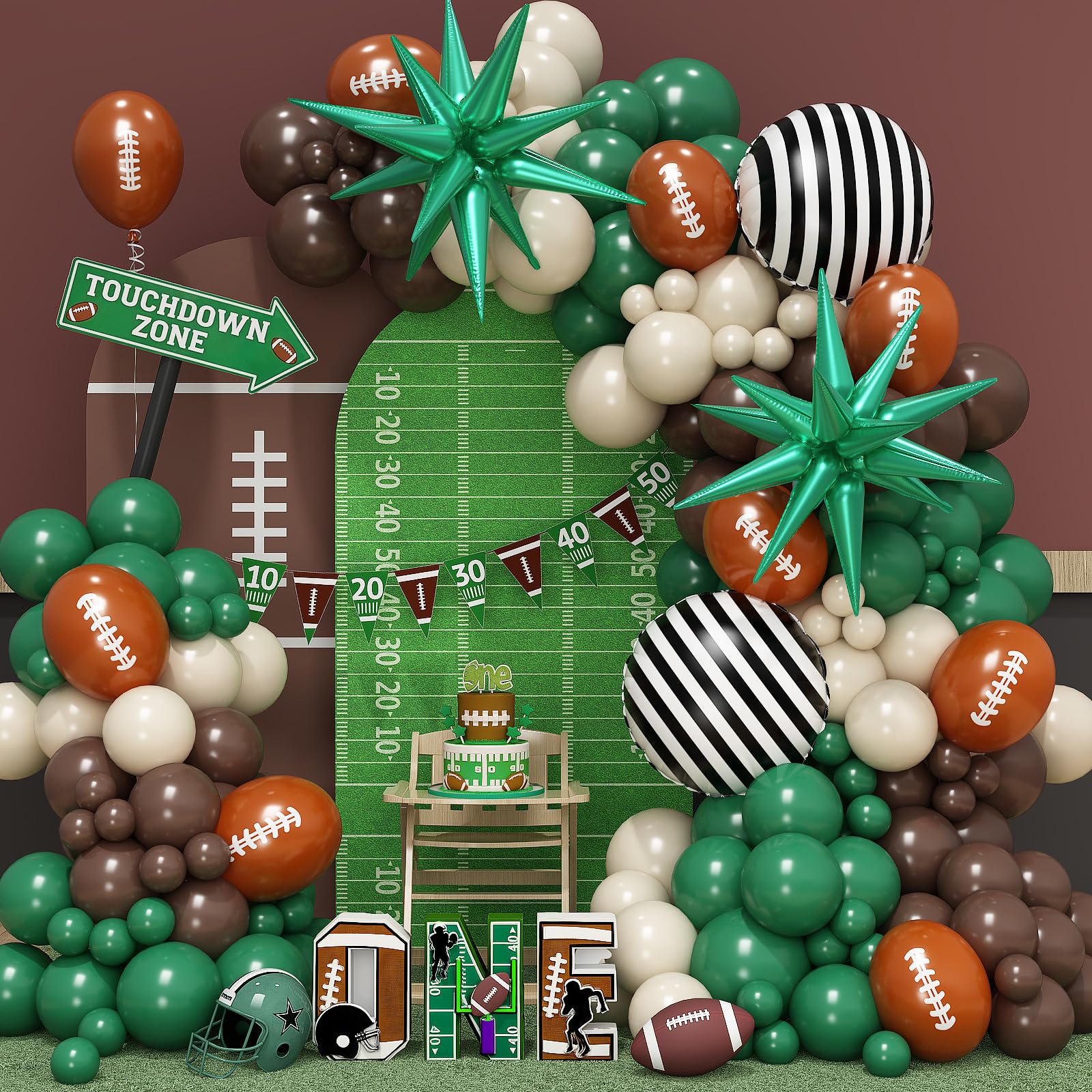 Football Balloon Arch Kit, Dark Green Brown Balloon Garland with Foil Star Striped Balloons for Football Party Decorations Touch Down First Year Down Birthday Tailgate Sport Party Game Day Decorations