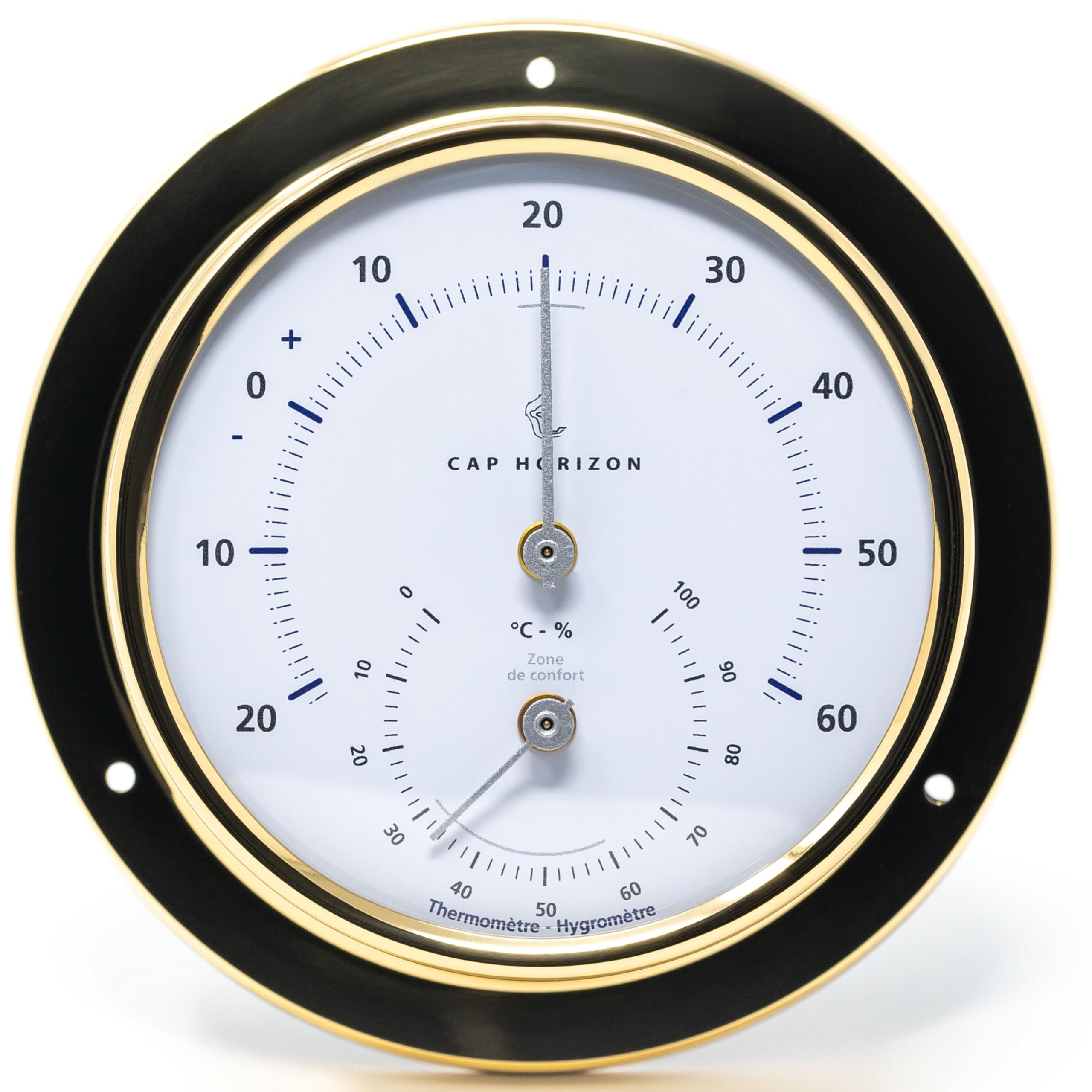 CP085TH400LT Thermo-Hygrometer, Glas, Messing-Gehäuse poliert | Messbereich 0-100 % r. F., Luftfeuchtigkeitsmesser, Thermometer, maritimes Design, 11 cm Durchmesser, Made in Germany