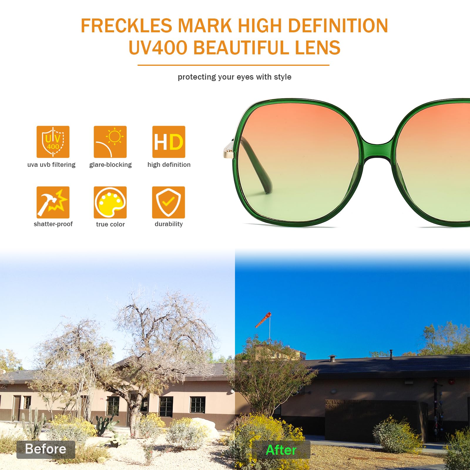 Gafas de sol cuadradas de gran tamaño de los años 70 para mujer, marco de plástico rectangular vintage, Verde claro / naranja degradado amarillo 5
