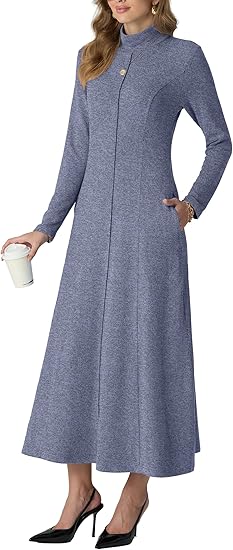 GRECERELLE Women's 2025 Fall Winter Casual Mock Neck Long Sleeve Flared Maxi Sweater Dress with Pockets (XS - 3XL)