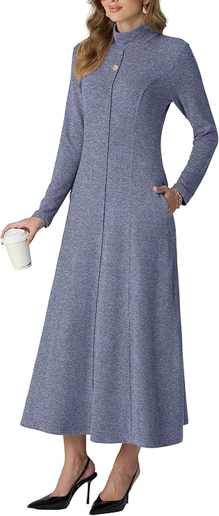 GRECERELLE Women's 2025 Fall Winter Casual Mock Neck Long Sleeve Flared Maxi Sweater Dress with Pockets (XS - 3XL)