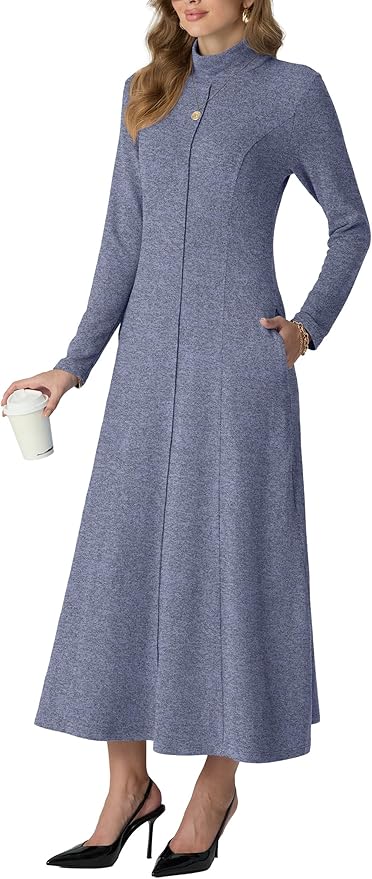 GRECERELLE Women's 2025 Fall Winter Casual Mock Neck Long Sleeve Flared Maxi Sweater Dress with Pockets (XS - 3XL)