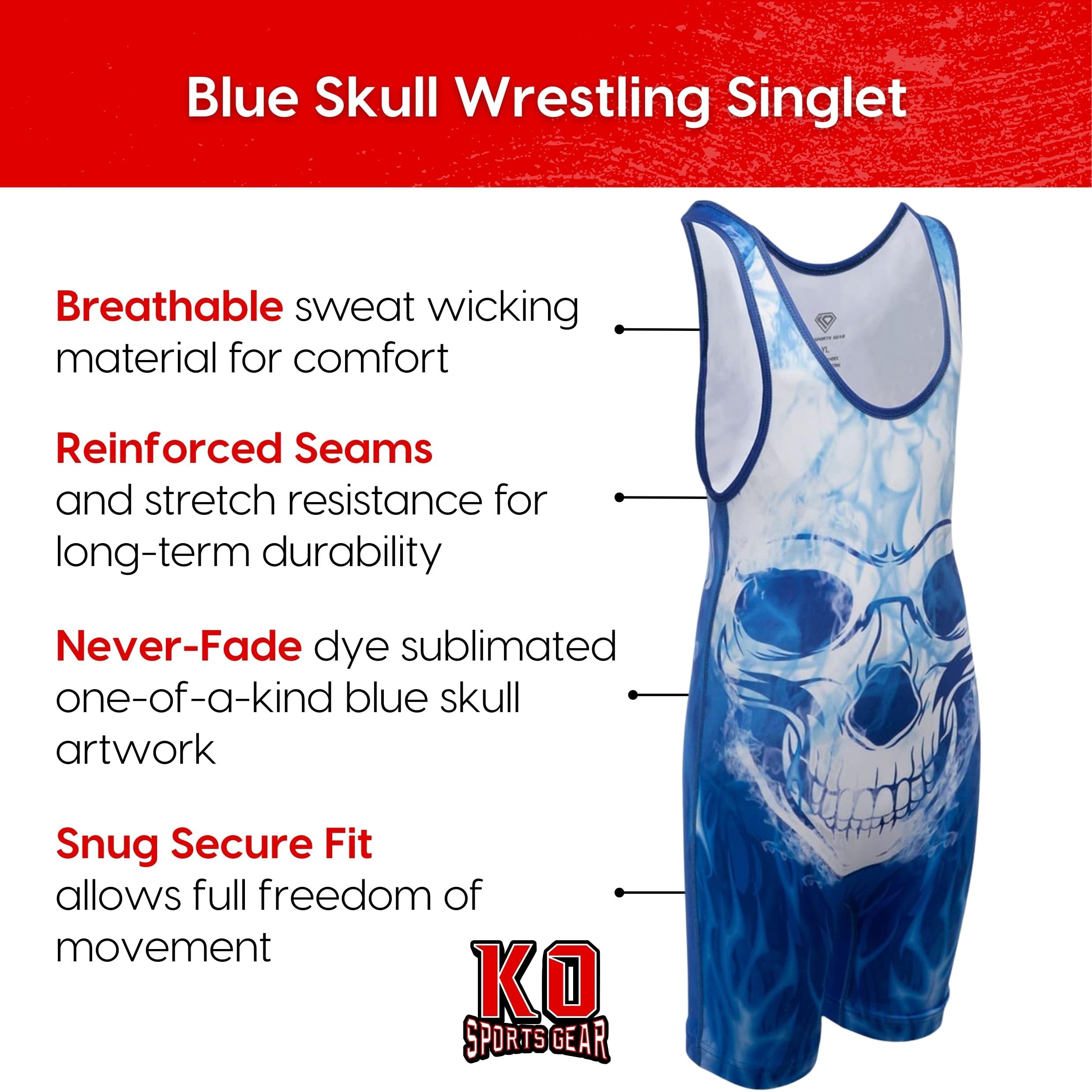 KO Sports Gear Wrestling Singlet Flaming Blue Skull
