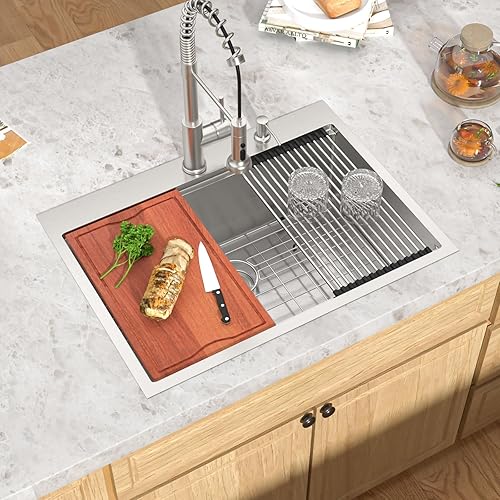Miniatura 10 de Talllor - Fregadero de cocina con 25 lavabo de acero inoxidable para montaje superior, hecho a mano, grande, profundo, calibre 16, 25 x 22 x 9