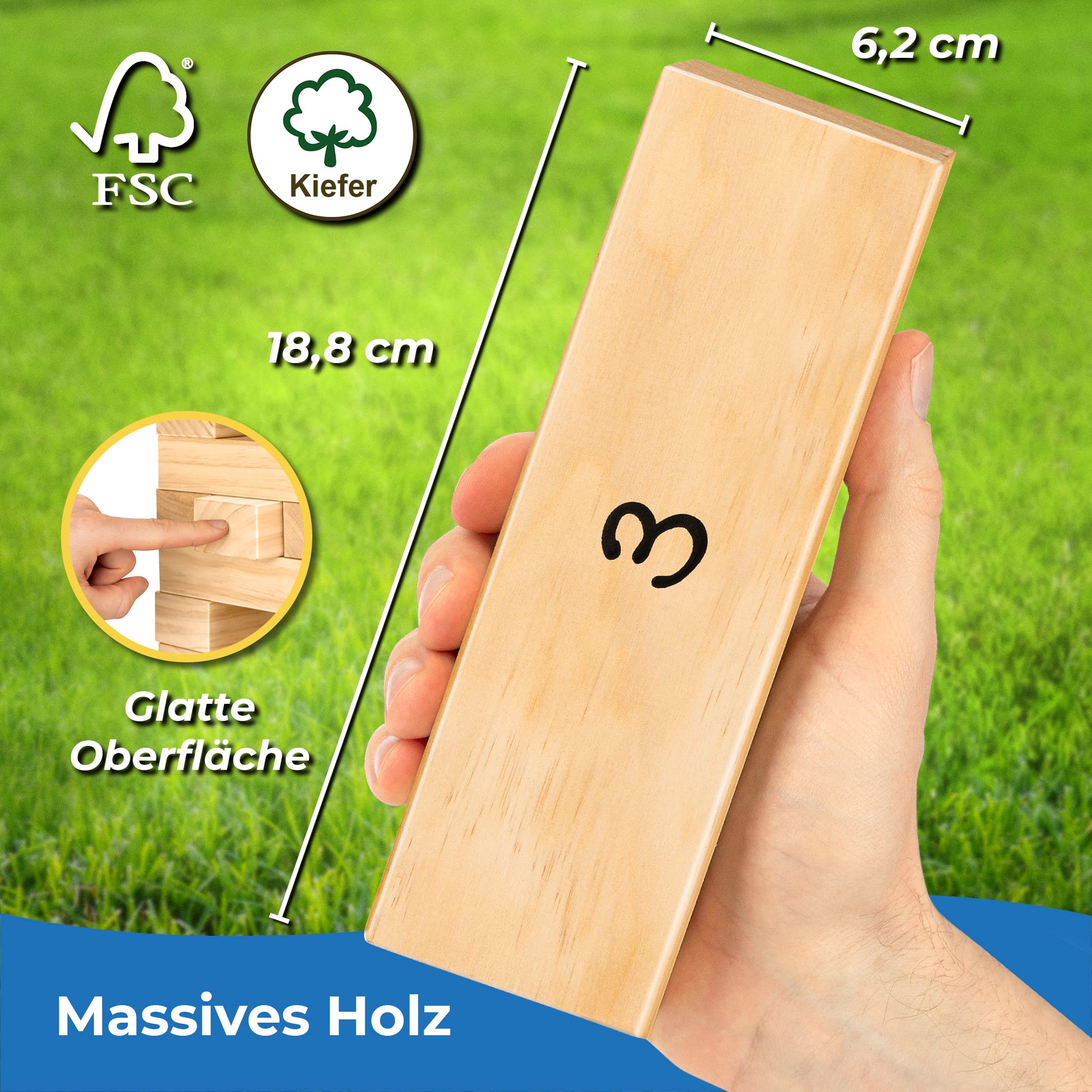 XXL Wackelturm Riesen Stapelturm Outdoor Spiel - Toyfel® Wackelturm Holz 0,7-1,2m hoch Bodenplatte, Tragetasche, Punktetafel Familienspiele Holz FSC® Gartenspiele Spiele für draußen Tip Tower