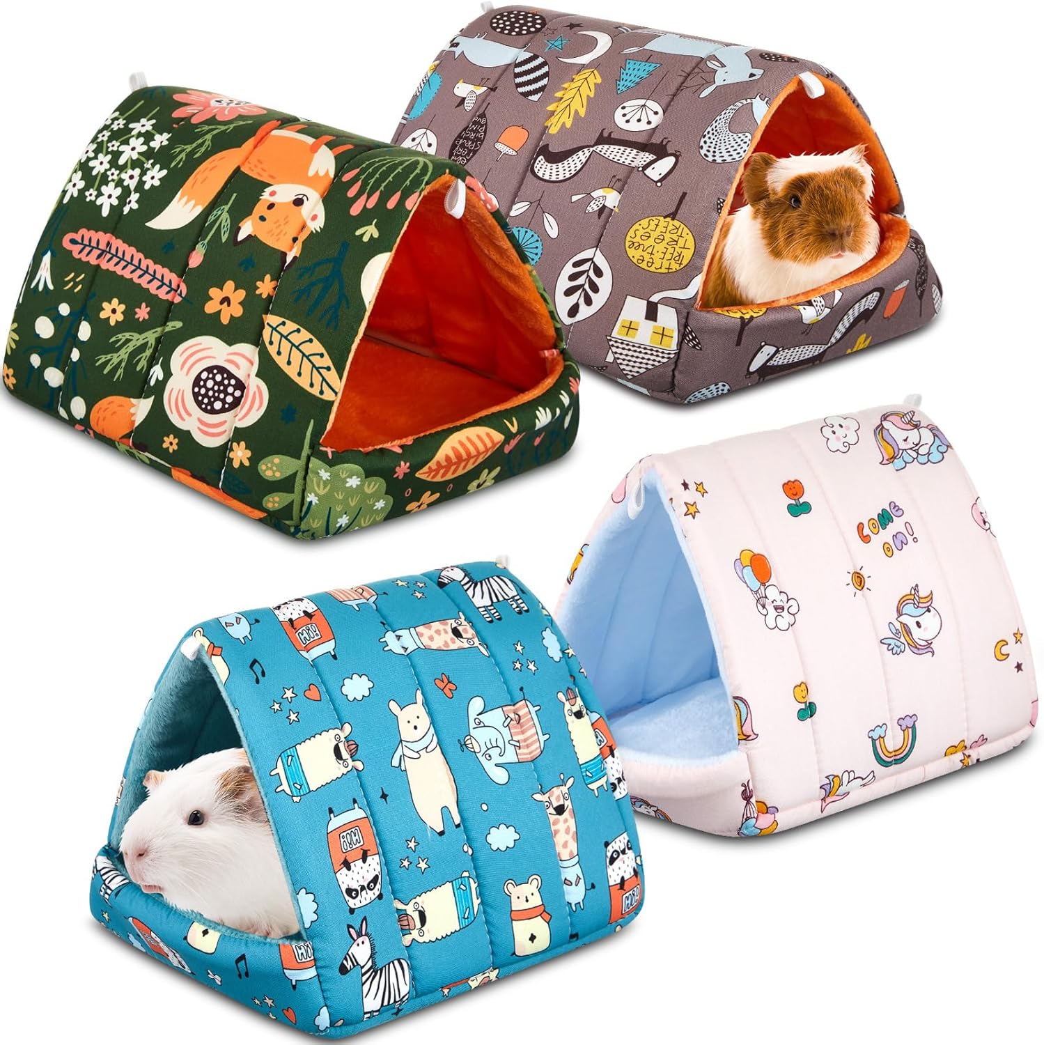 Cinnvoice 4 Pack Guinea Pig Hideouts - Washable Cozy Bed Tunnels for Rabbits, Hamsters, Ferrets, Hedgehogs - Forest Pattern, 7.9 Inch Caves