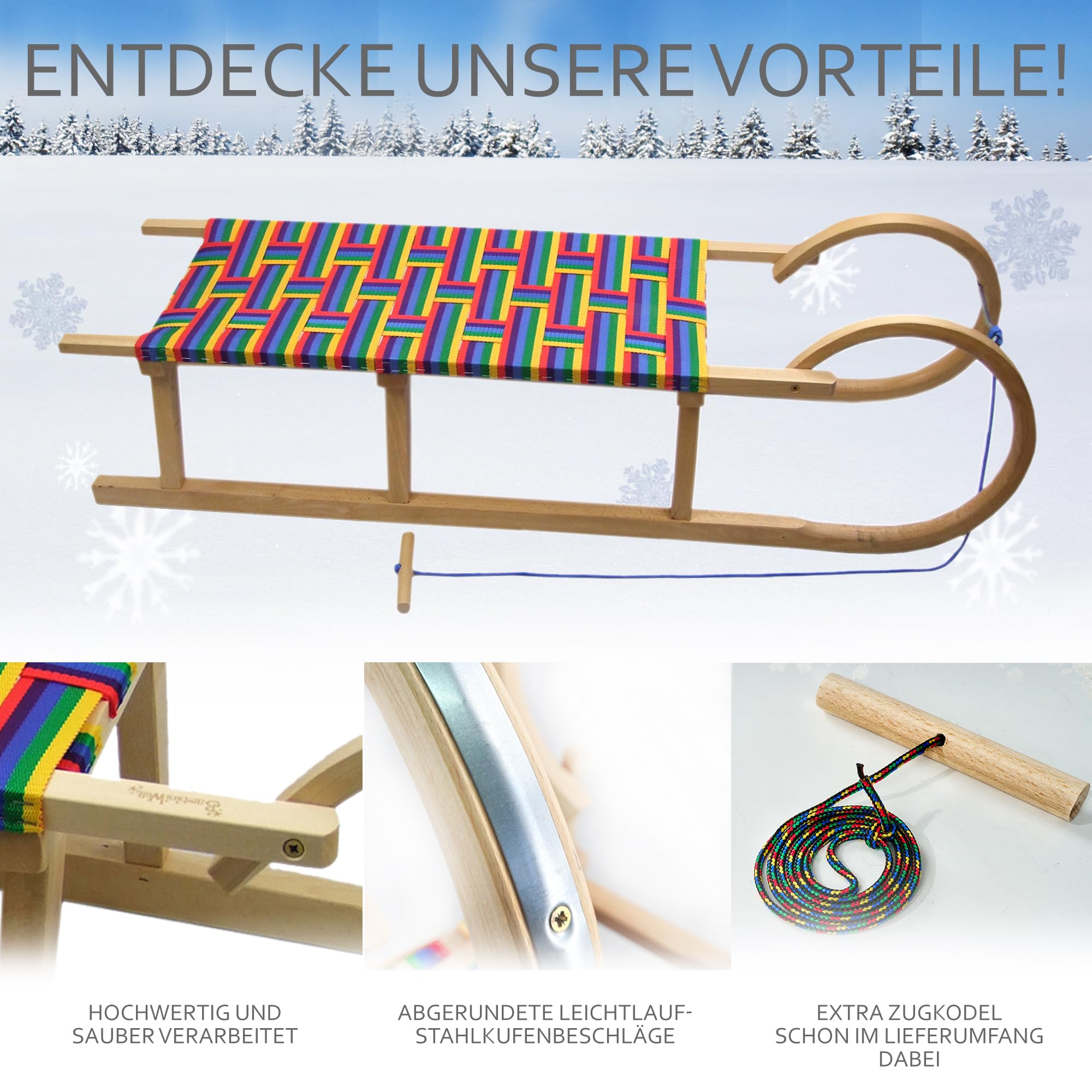Hörnerrodel 120 cm mit Gurtsitz bunt - Holzschlitten aus massivem Buchenholz - Hörnerschlitten Rodelschlitten für 2 Personen, Zugseil & Stahlkufen