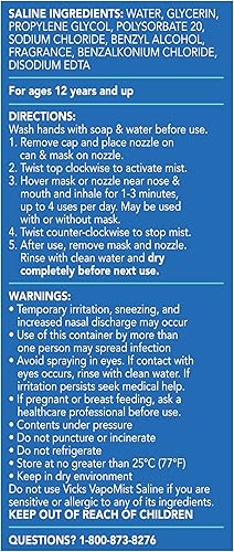 Miniatura 10 de Vicks VapoMist Salina, suave niebla salina con vaporizadores Vicks calmantes, no medicados, 1.7 onzas