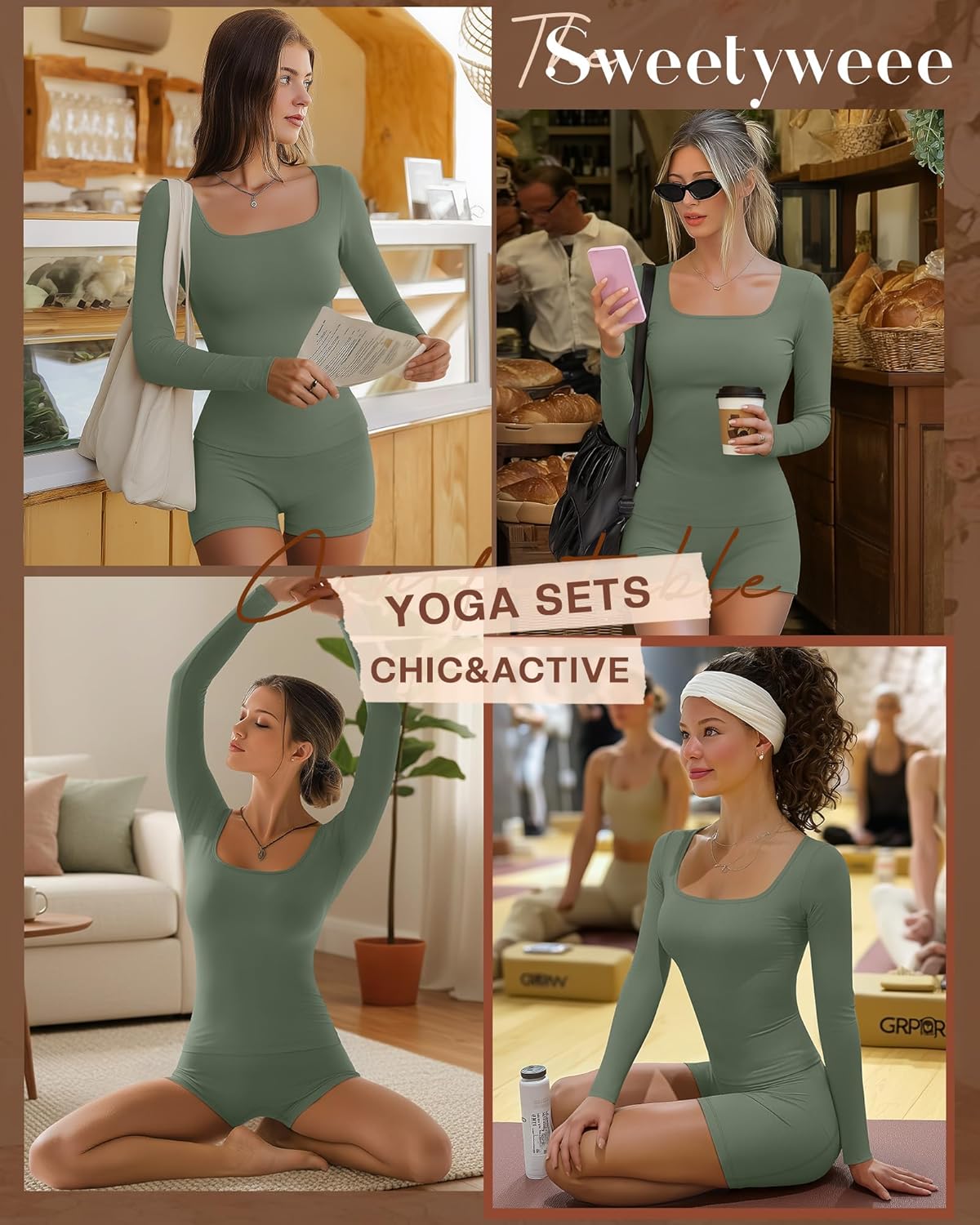 Women Workout Yoga Set 2 Piece Square Neck Long Sleeve Top High Waist Biker Short Sport Gym Exercise Running Wear - Image 2