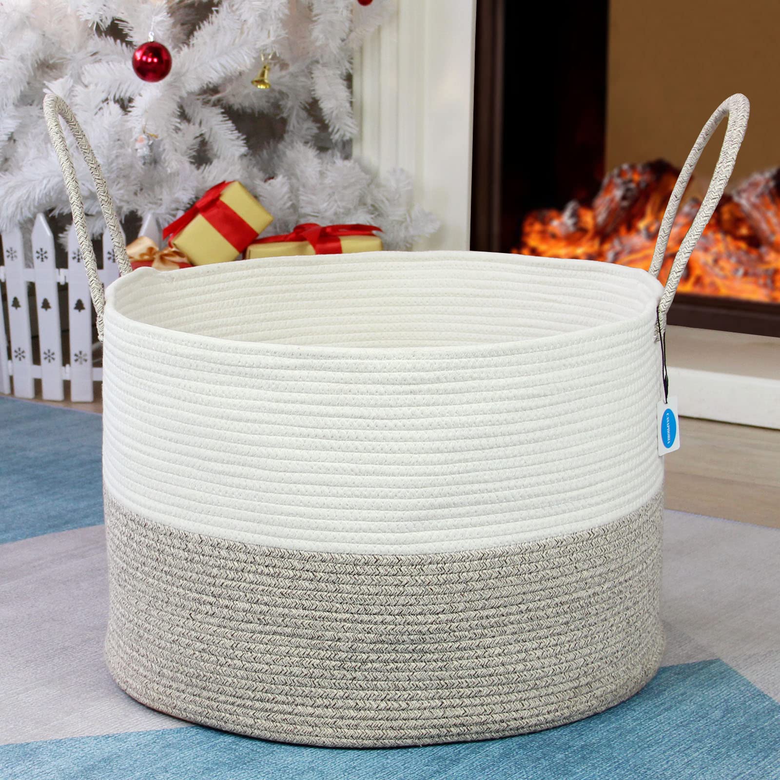 Casaphoria XXXL, cesto portaoggetti in corda di cotone per soggiorno, con manico lungo, per coperte, asciugamani e cuscini, cesto portabiancheria | crema bianco e marrone (55,9 x 55,9 x 35,6 cm)