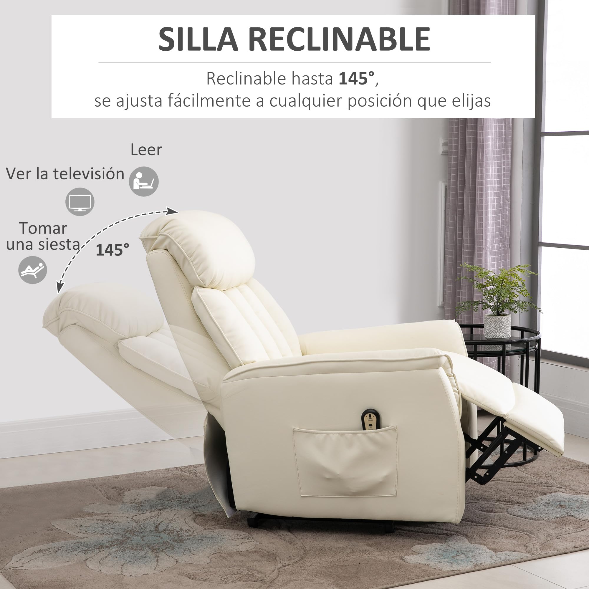 HOMCOM Sillón Levanta Personas Sillón Relax Elevador con Reposapiés Crema | Mando a Distancia, Reclinación Eléctrica, Bolsillo Lateral, Carga 150 kg, 80x94x104 cm