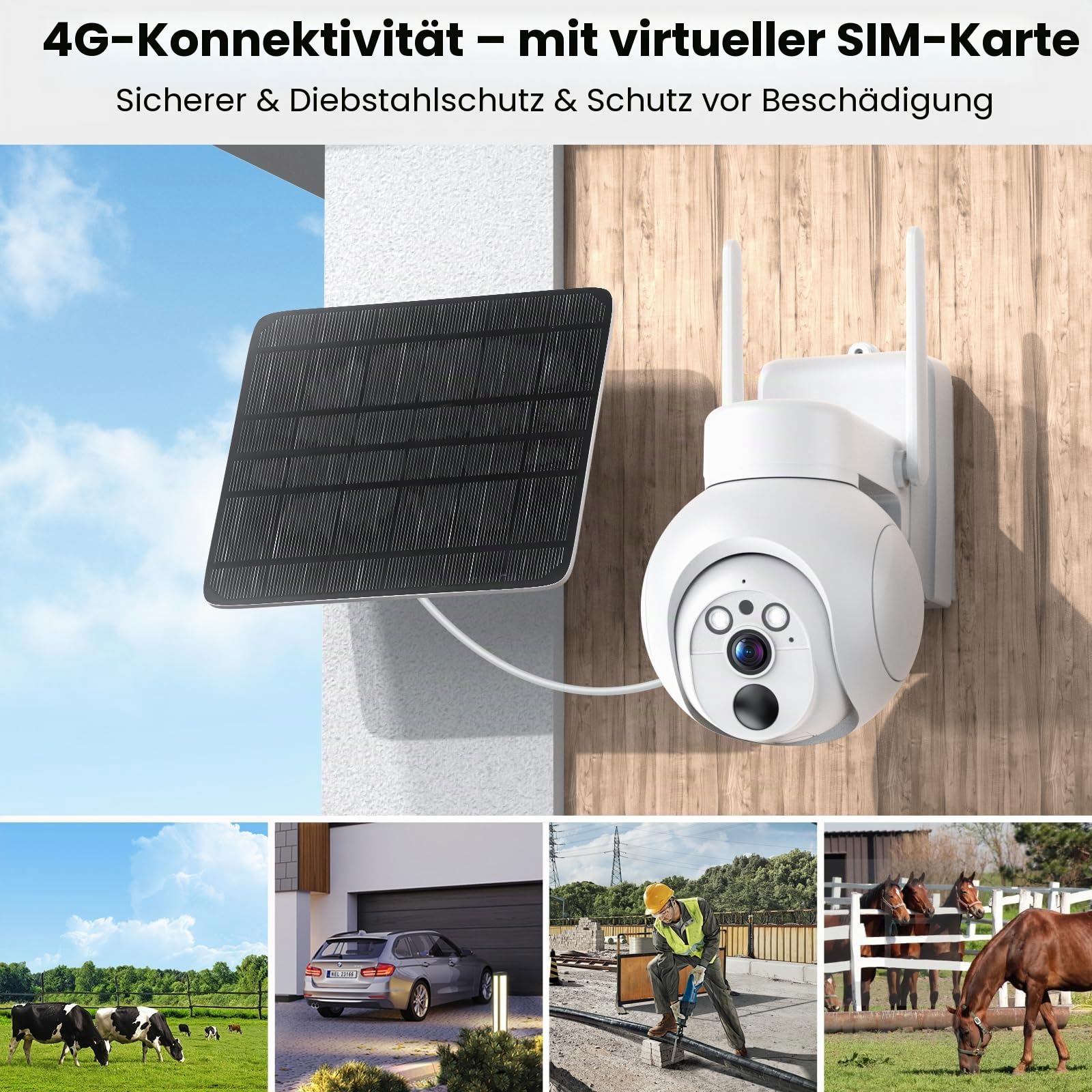 AMOROM 3G/4G LTE Überwachungskamera Aussen Solar mit Virtueller SIM Karte, Kamera Überwachung Ohne WLAN mit Farb Nachtsicht, 24/7-Aufzeichnung, für Netzunabhängige Hause, Bauernhof, Baustelle