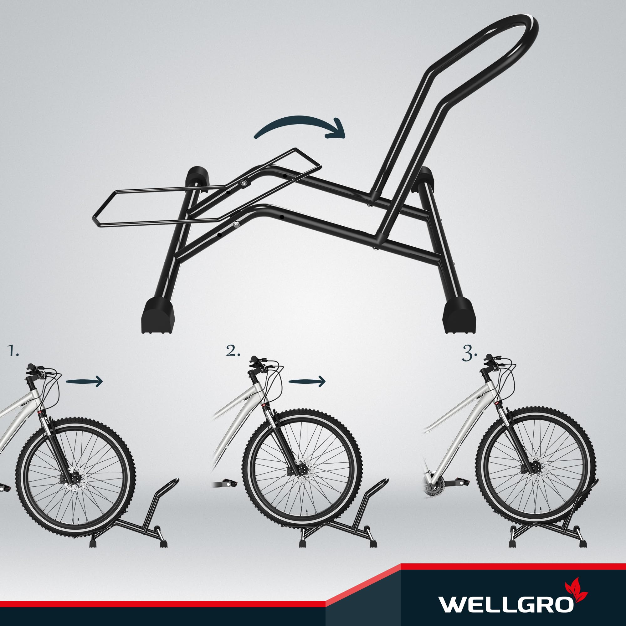 WELLGRO 2x Fahrradständer Boden – Universal Fahrrad Ständer für Mountainbike, Rennrad & Fatbike – Robuster Radständer aus Stahl für Garage, Keller & Außenbereich – Schwarz