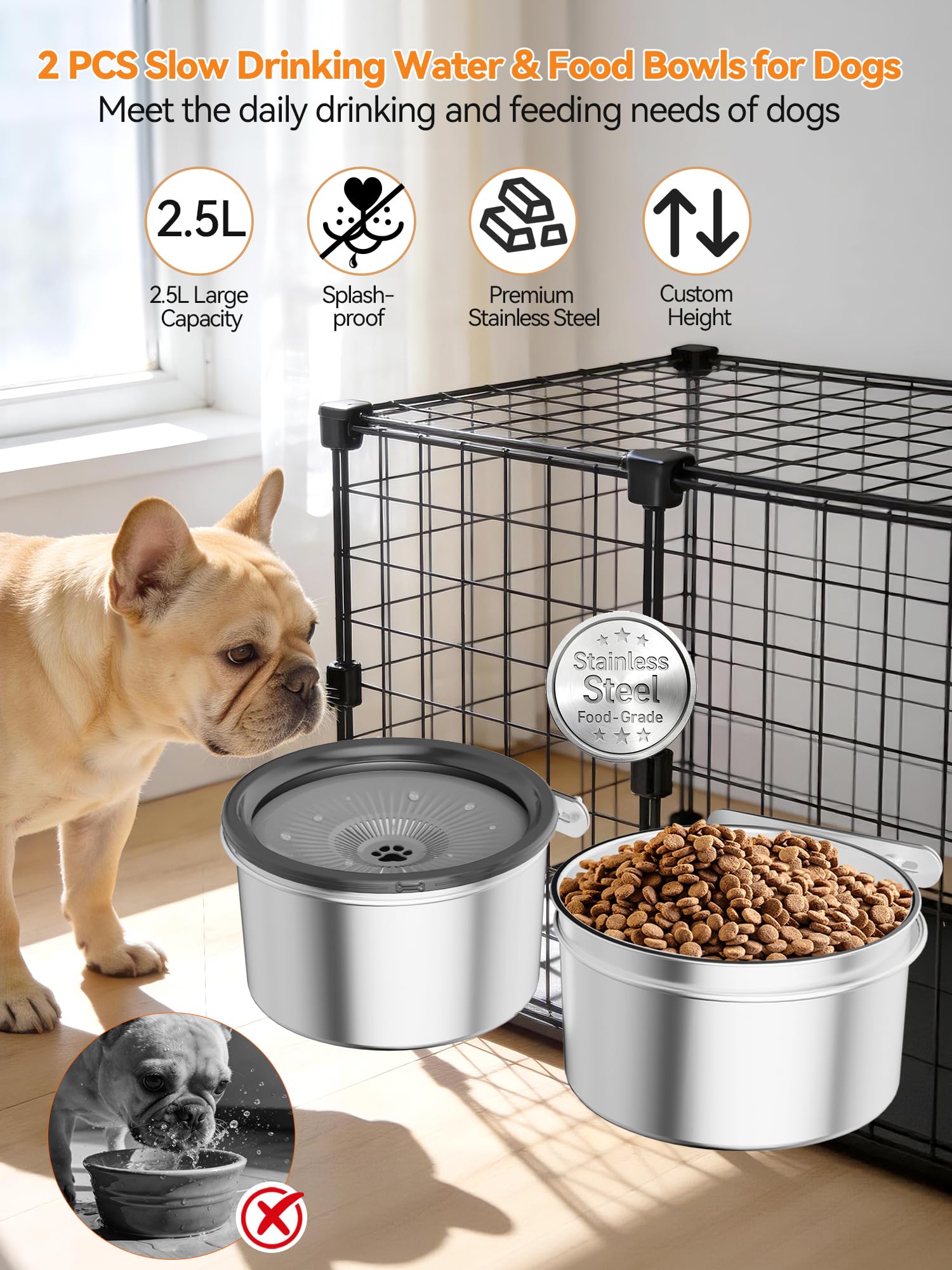 Futternapf für Hundekäfige, 2,5 l, 2-teiliges Edelstahl-Schüssel-Set