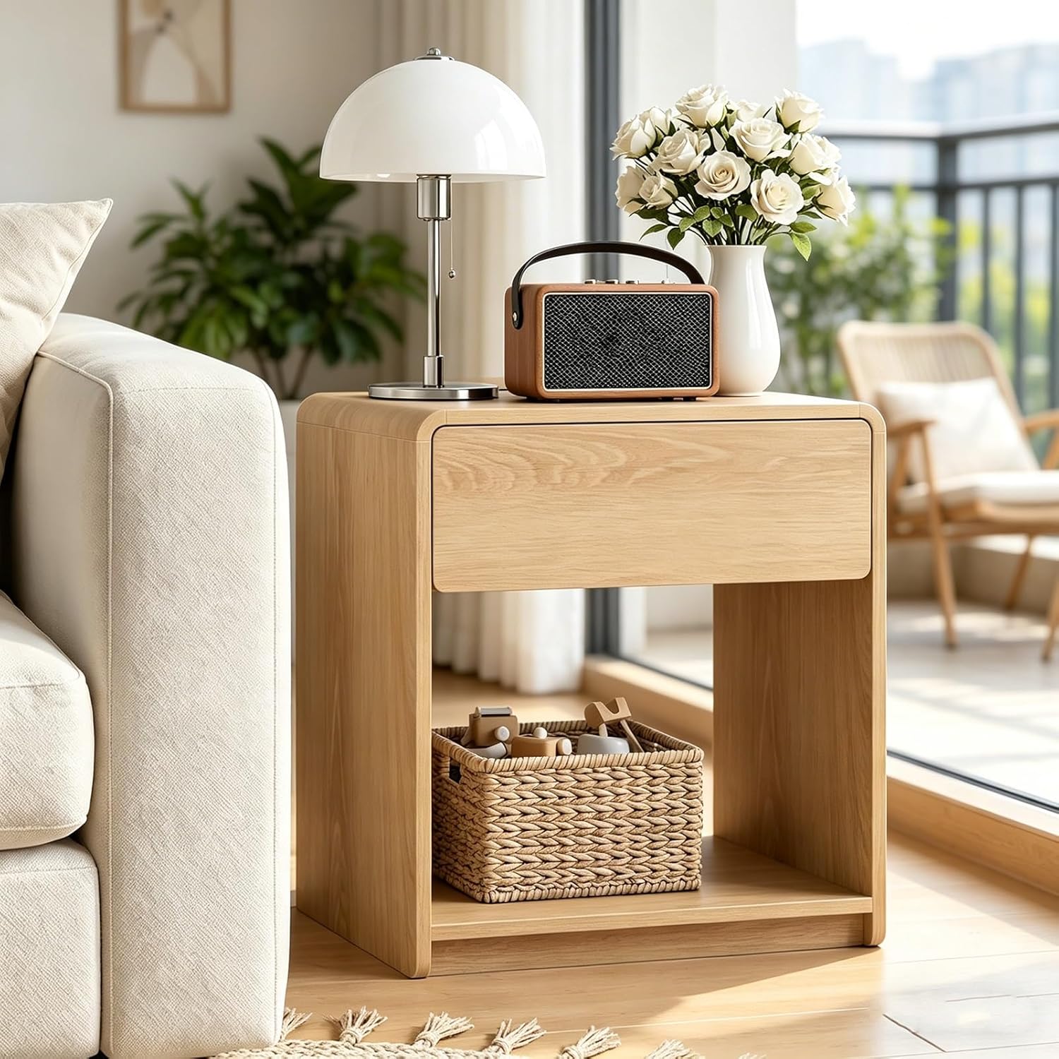 Mid-Century Modern Nightstand, Oak Finish Bedside Table with Drawer and Open Shelf, Small End Table for Bedroom, Living Room, Easy Assembly.