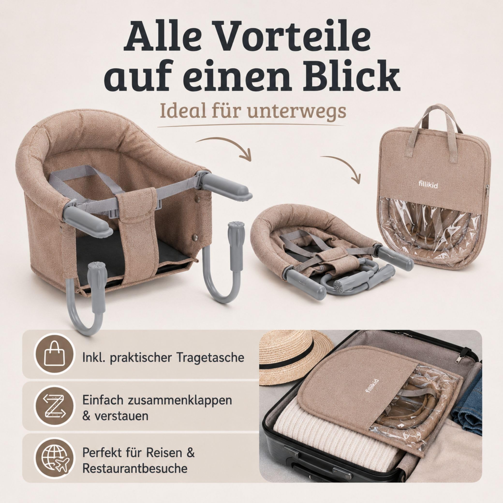 Fillikid Babyworld Tischsitz | Faltbarer Babysitz | Stuhlsitz mit klappbarer Schraubfixierung | Boostersitz mit Anti-Rutsch-Klemmen und Tragetasche | Babysitz für dicke Tischplatten | Tischstuhl
