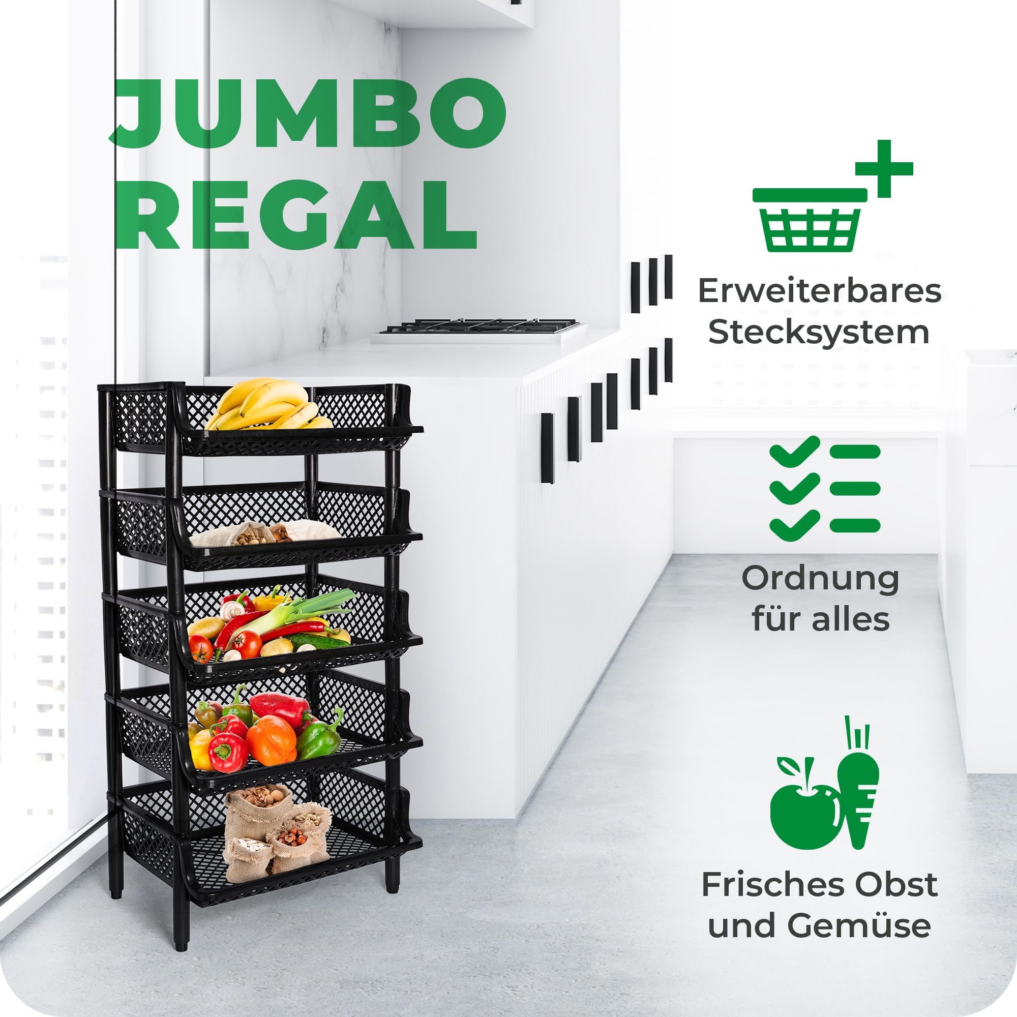 Novaliv 5 Stück Korbregal Schwarz Steckregal Stapelbar & Erweiterbar, Regale für Vorratsraum, Lebensmittelregal, Obstregal Keller Aufbewahrungssystem, Vorratskammer Ordnungssystem, Getränkeregal