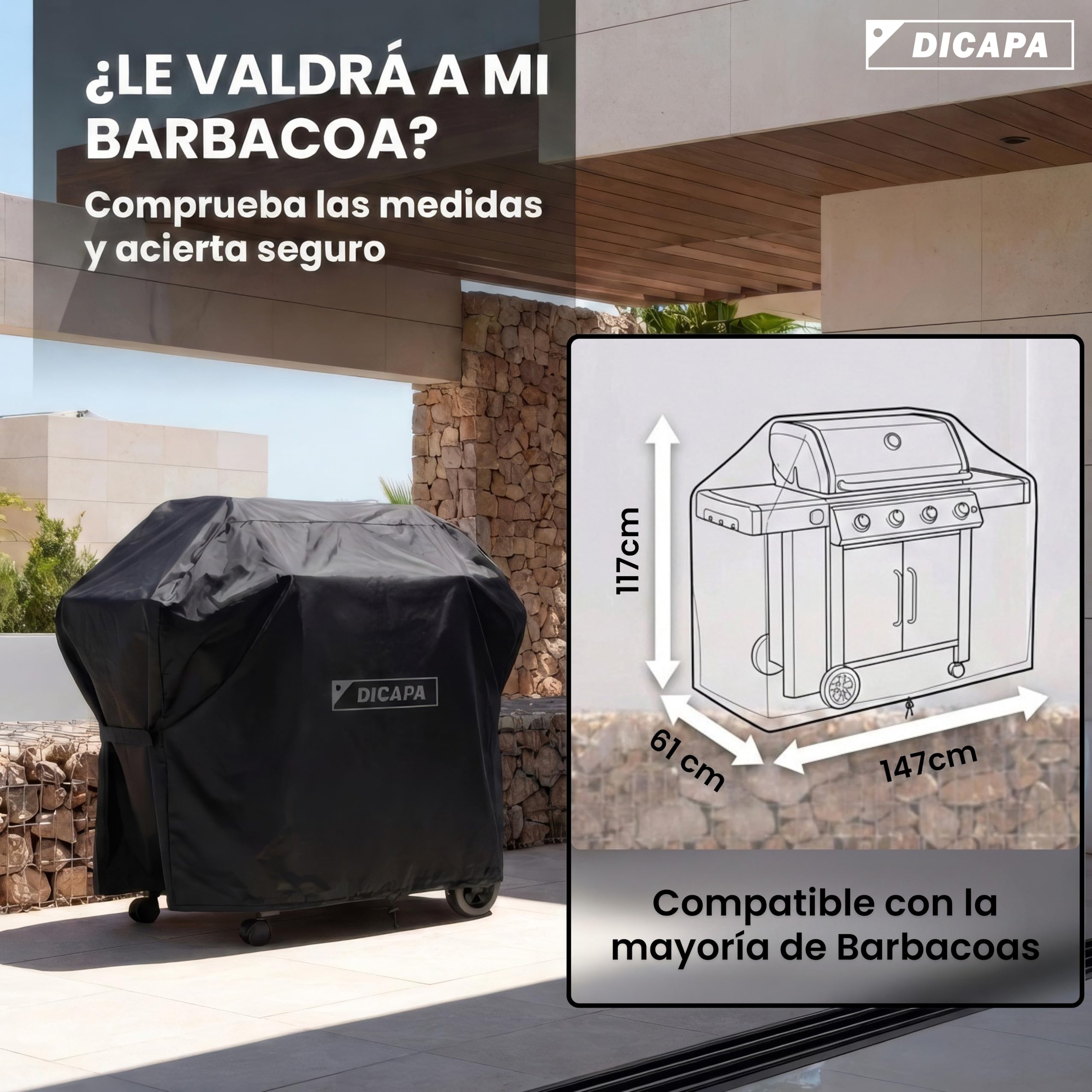 DICAPA Funda Barbacoa Exterior Impermeable, Funda Exterior Impermeable, Fundas Protectora para Barbacoa de (147x61x117cm), Funda Impermeable Exterior, Funda BBQ